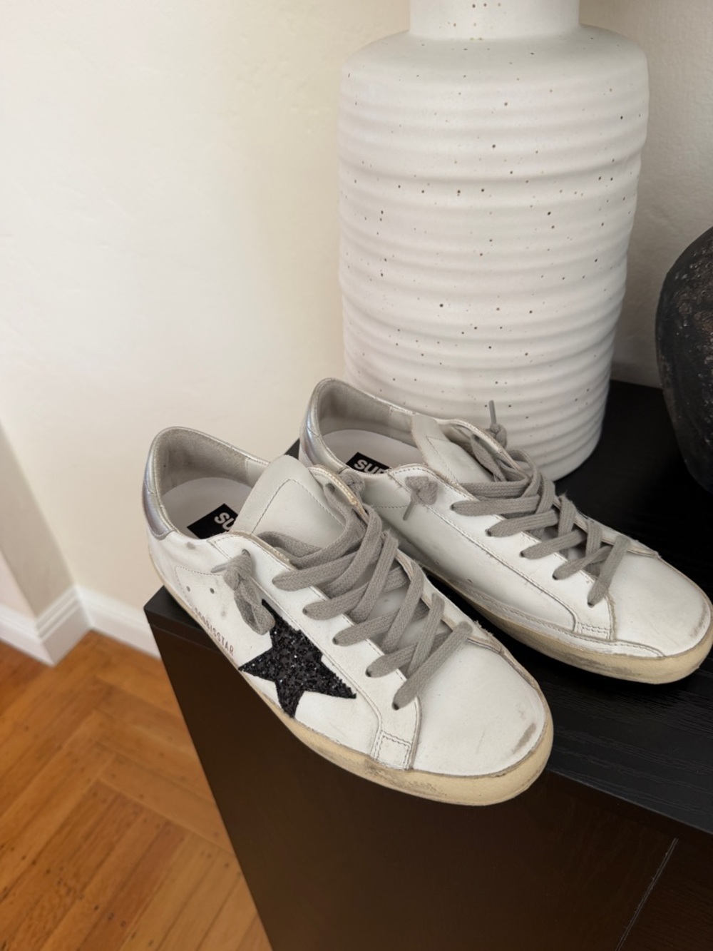 Golden Goose White Leather Sneakers with Black Glitter Star and Silver Heel